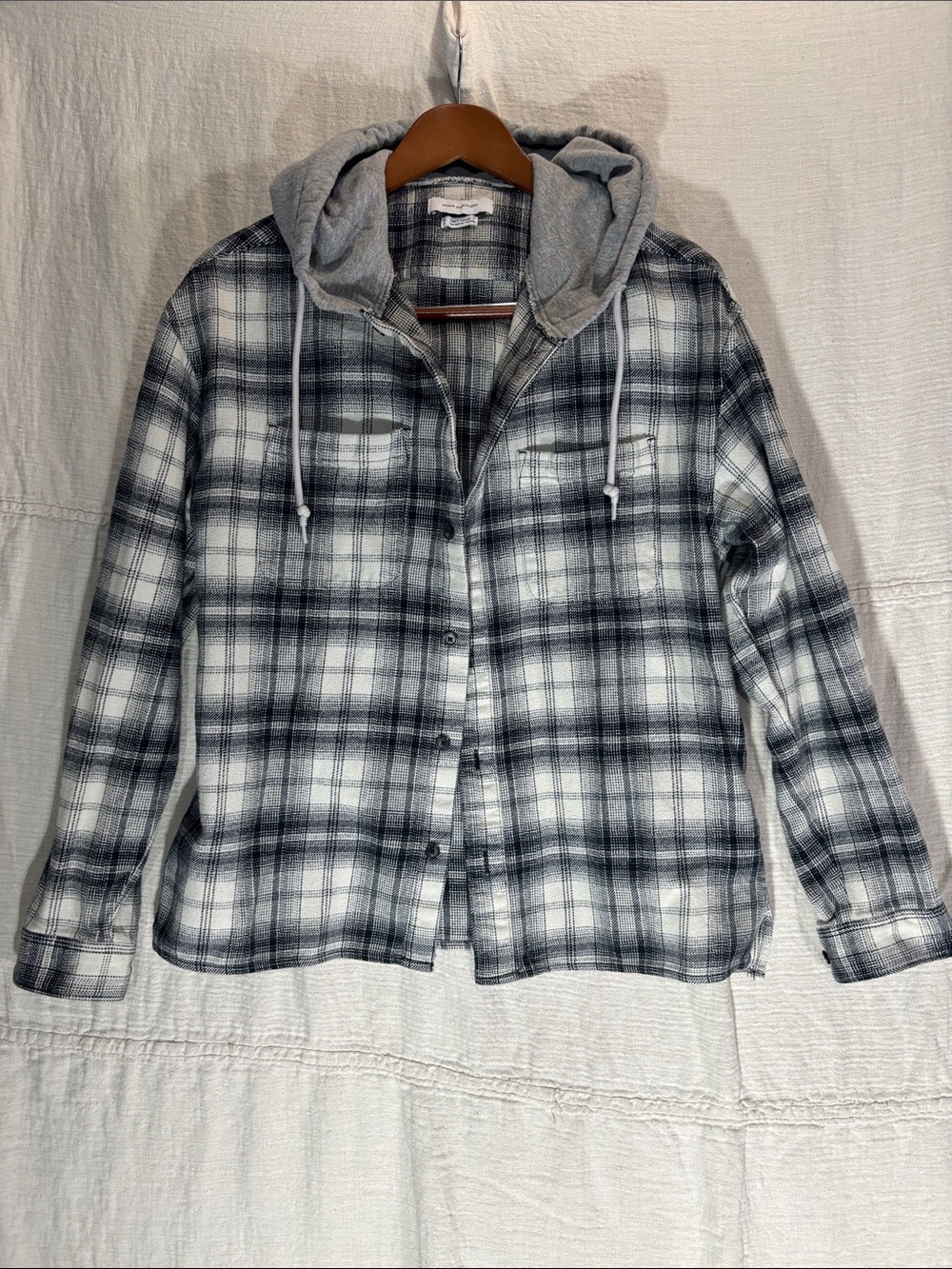 Urban Outfitters Gray & White Plaid Lightweight Hooded Shirt Jacket